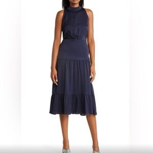 NWOT! Midnight Blue Sam Edelman Mock Neck Tiered Halter Midi Dress Size 10